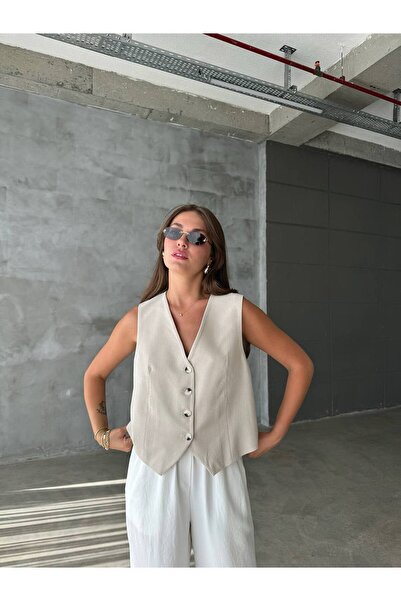 POİSE Longitudinal Striped Buttoned Loose Polyviscon Vest