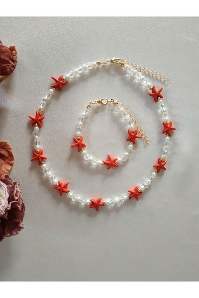 Fata Morgana Accessory Red Natural Stone Starry Crystal Bead Necklace Bracelet Set