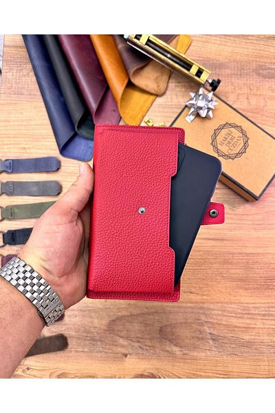 ByAkgöz Genuine Leather - Hand-hold Wallet with External Phone and Snap Fasteners