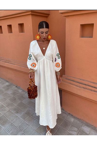 Butik Şenel Embroidered Linen Dress - Gtip 6204 4200 0018 Origin Turkey