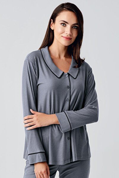 Artış Flexible Viscous Baby Collar maternity Pajamas Set - Long Sleeve anD ButtoneD