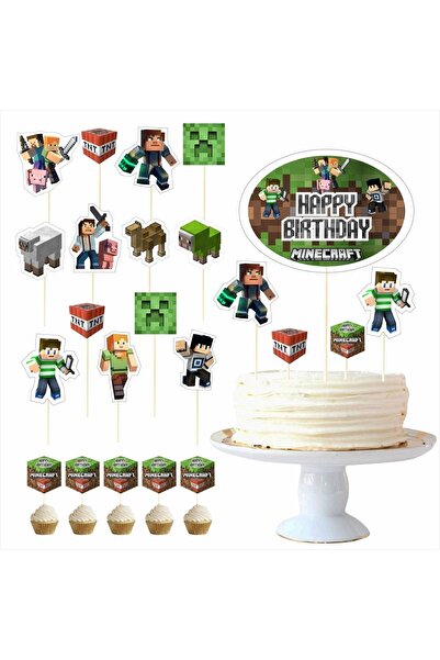 SİYAH PARTİ EVİ Minecraft Doğum Günü Pasta Süsü Kürdan Seti