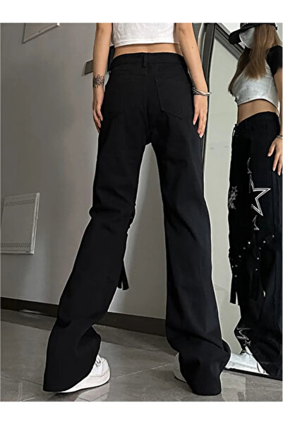 BROOD's Y2k Stars Detailed - Black High Waist Wide Leg Trousers