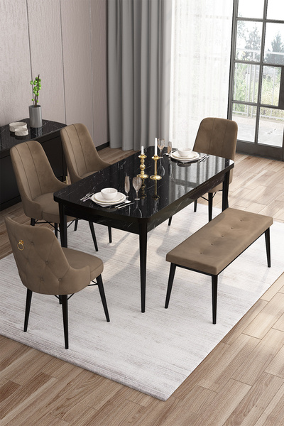 Canisa Taç Serisi Açılabilir Mutfak Masası Takımı 80x132 Siyah Mermer Masa 4 Kahverengi Sandalye 1 Bench