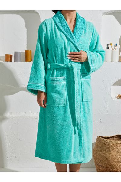 Homelover Γυναικείο μπουρνούζι από 100% βαμβακερό πράσινο ειδικό σχέδιο Extra Soft Shalyaka