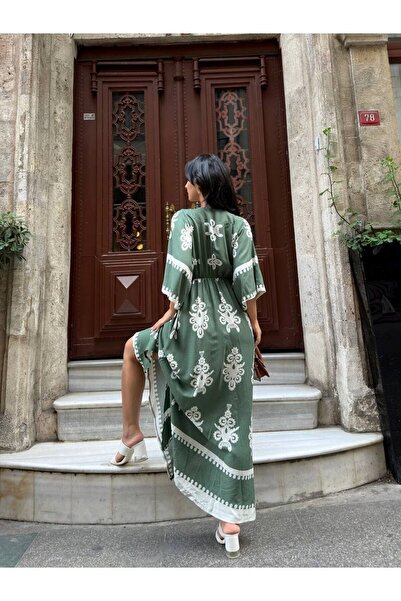 Lusin Πράσινο μακρύ γυναικείο καλοκαιρινό φόρεμα με διπλό γιακά