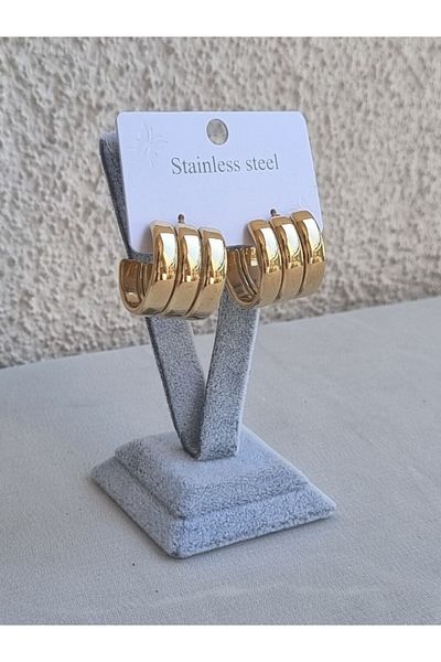 Brassito Gold Colored 3-piece Look Women's Steel Earrings - 316l Non-tarnish Ring Model