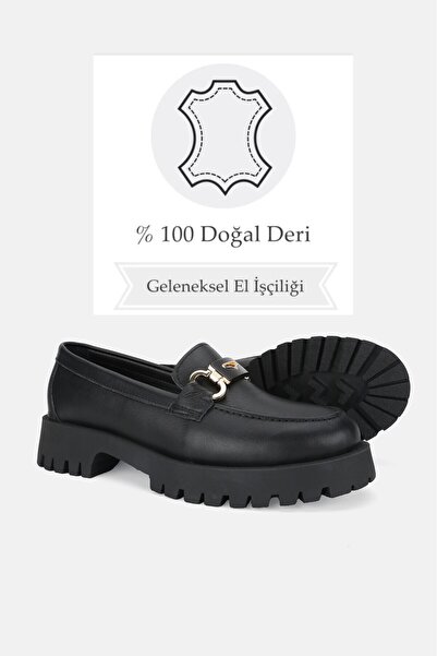 TUNAELLİ KADIN SİYAH HAKİKİ DOĞAL DERİ 36-41 NUMARA TOKALI LOAFER AYAKKABI