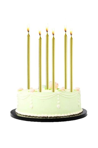 parti pera 6 Adet Gold Altın Sarısı Renkli Uzun Mum, Doğum Günü Pasta Mumu , ...