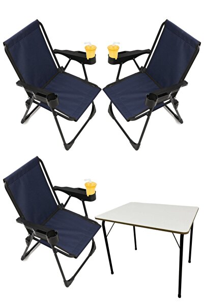 moniev Silva 3 Adet Kamp Sandalyesi Bardaklıklı Lüks Piknik Sandalye Lacivert...