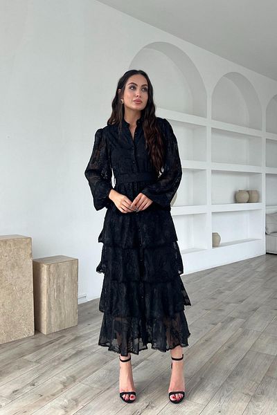Seda Yalçın Atelier Rochie neagră Valon Stripe detaliată la podea