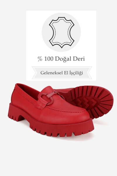 TUNAELLİ KADIN KIRMIZI HAKİKİ DOĞAL DERİ 36-41 NUMARA TOKALI LOAFER AYAKKABI