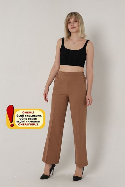 Mogi Butik 3002 Camel Palazzo High Waist Pocket Woven Women's Trousers