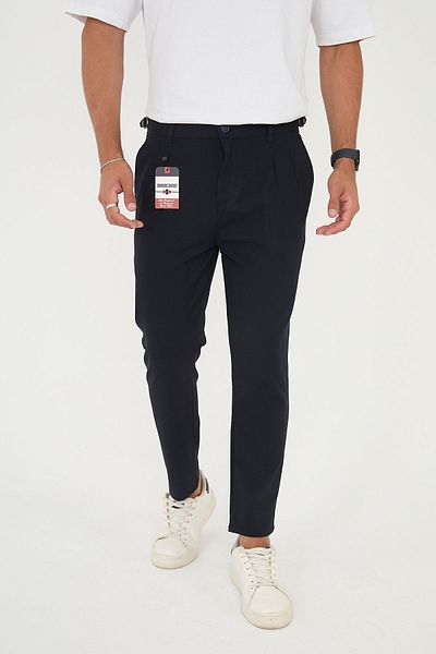 BROCARD Navy Blue Men's Fabric Trousers - Buckle, ComfortableBoyfriendFit, Italian Cut
