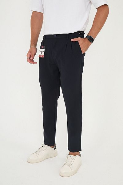 BROCARD Navy Blue Men's Fabric Trousers - Buckle, ComfortableBoyfriendFit, Italian Cut