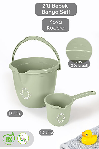 Meleni Baby 2'li Bebek Banyo Seti - Figürlü Banyo Su Kovası - Maşrapa - Yeşil