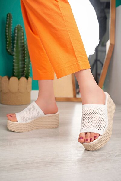 miss fırat High/Thick Sole Wedge Heels 7cm Heel Height White Women's Knitwear Slippers