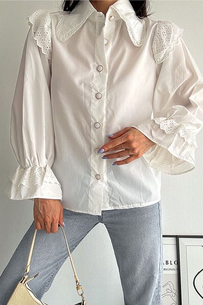 FURKAN EXCLUSIVE White Button Detailed Women's Cotton Shirt - Apron Collar, Princess Sleeve