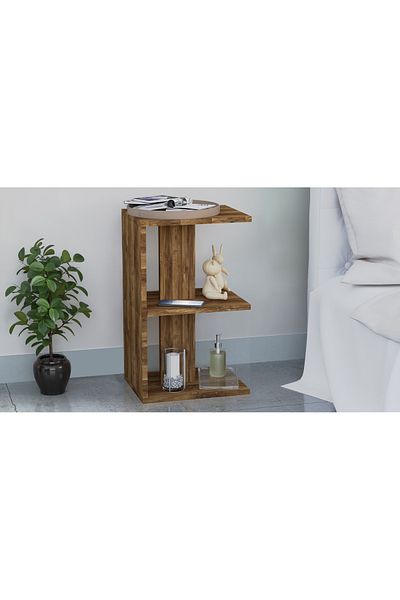 Mahmayi Modern E Shape Night Stand, Side End Table with 3 Open Storage Shelf Dark Hunton Oak