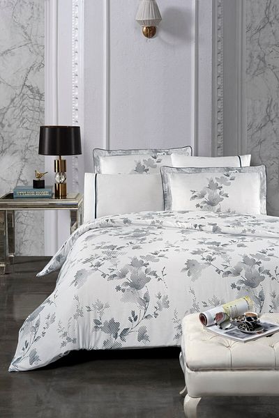 Silkarea Florentina 100% Cotton Satin Duvet Cover Set – Single, Elastic, White-Black Patterned