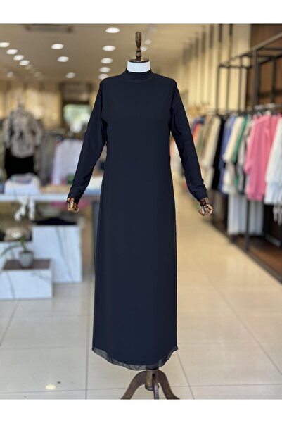EFRAZE Düz Uzun Önü Şifonlu Siyah Uzun Kollu İçlik Elbise 785