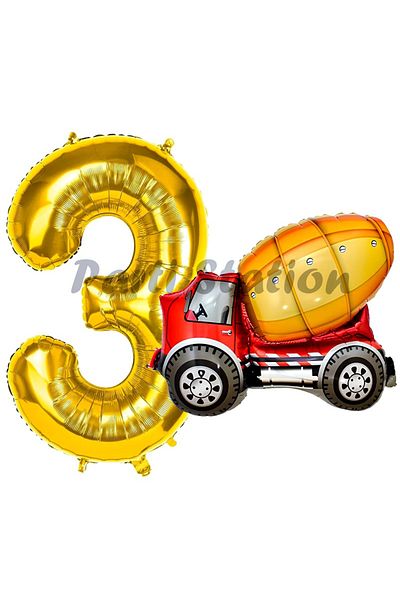 Parti Station Construction Mixer Truck and Balloon Set for 3 Year Old Birthday - Concept and Gold Numerals