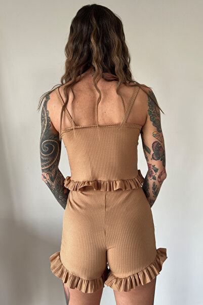 CİDDE Дамски пижамен комплект в цвят камила - с презрамки и волани