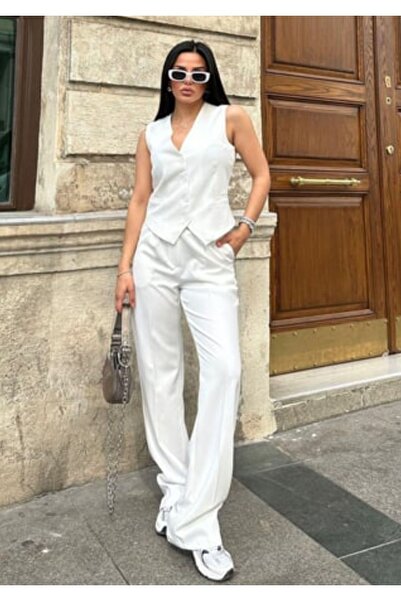 pembekurdelem Kadın Klasik Yelek Pantolon Takım Beyaz