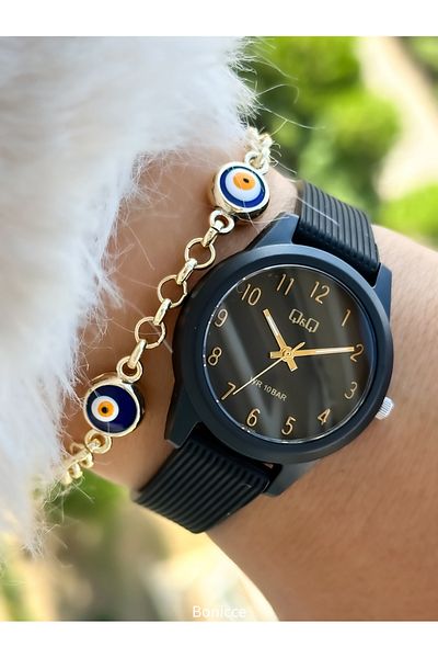 Q&Q 10 Bar Waterproof Women's Wrist Watch with Black Silicone Cord - Pool and Sea Use