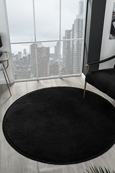 LİNOS HOME Puffy Siyah Yuvarlak Düz Saçaklı Peluş Halı Yumuşacık Yıkanabilir ...