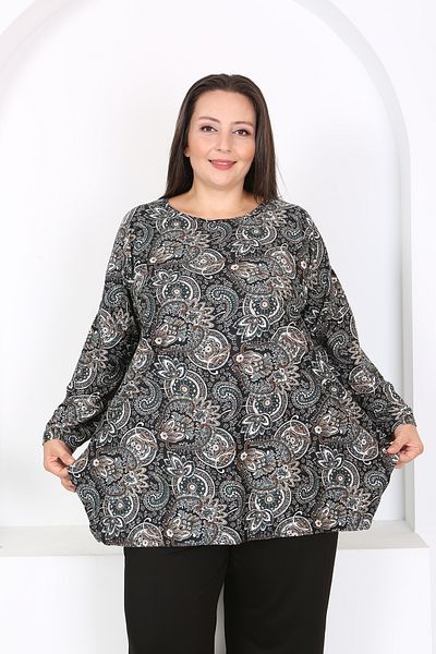 XL Modam Xlmodam Black Patterned Lycra Tunic - Plus Size, Long Sleeve
