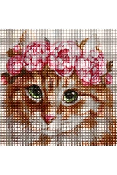 MAXİ Çiçekli Kedi - Diamond Painting, Elmaslı Goblen, Mozaik Tablo, Elmas, Boncuk, Taş Işleme 40 X 40cm