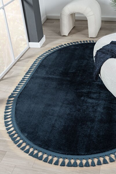 LİNOS HOME Puffy Mavi Oval Örgü Saçaklı Peluş Yumuşacık Yıkanabilir Kaymaz Ta...