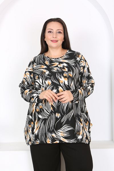 XL Modam Xlmodam Black Patterned Lycra Tunic - Plus Size, Long Sleeve