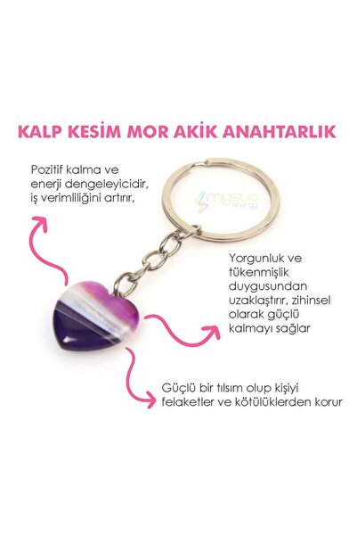 Mystic Energy Doğal Taş Mor Akik Taşı Kalp Kesim Anahtarlık | Hediyelik Doğaltaş