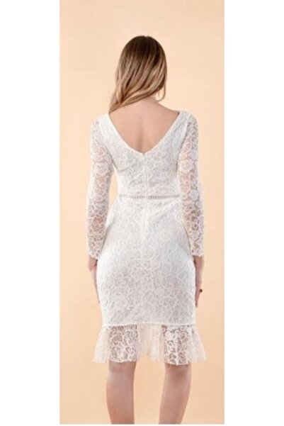 Arin Γυναικείο Λευκό Φόρεμα Νυφικού Μίντι Μήκους Μακρυμάνικο Βραδινό Φόρεμα