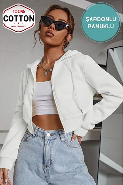 MİSS M.A.T FASHİON Off-white Women's Fleece Cardigan - Crop Fitted Hooded Zip Sweatshirt