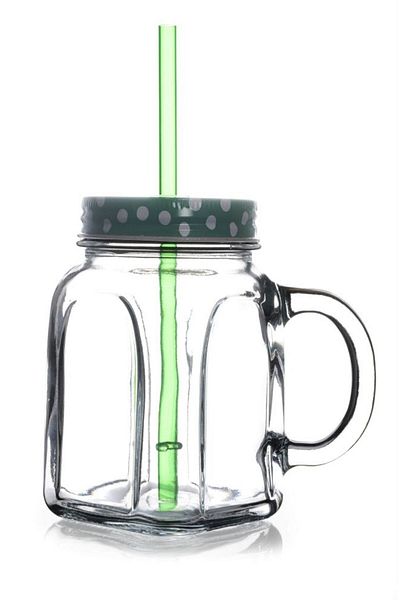 Paşabahçe Green Metal Lid, Straw and Handle Jar Glass 80388