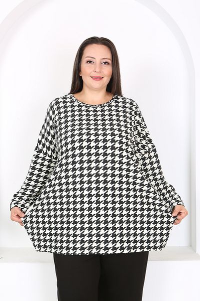 XL Modam Xlmodam Women's - Black and White Patterned Lycra Long Sleeve Tunic, Plus Size