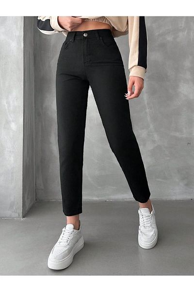 MAKRAS EXCLUSIVE Pantaloni din lycra cu talie înaltă, negru, care nu se decolorează, blugi mom extra elastici