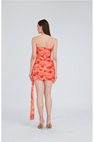 BEAUTY FASHİON Kadın Abiye Elbise Sarkıt Kumaş Detaylı Tül Straplez Mini Abiye & Mezuniyet Elbisesi