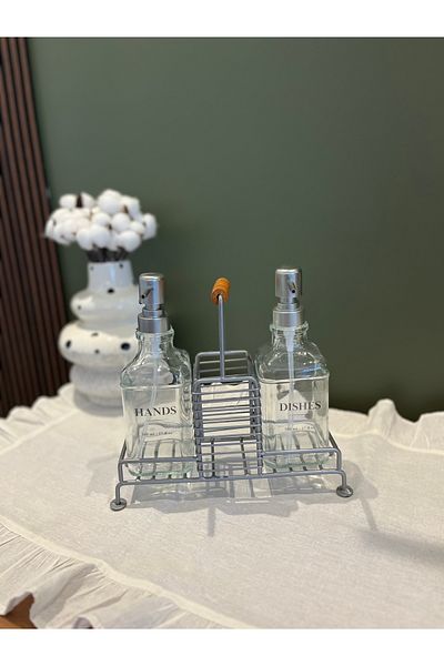 may home design Gray 2-piece Soap Dish Set - Glass with Stand and Wooden Handle