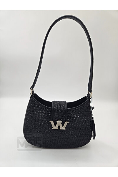DSN Minimal Taş İşlemeli Kumaş  Siyah  El Ve Omuz Çantası