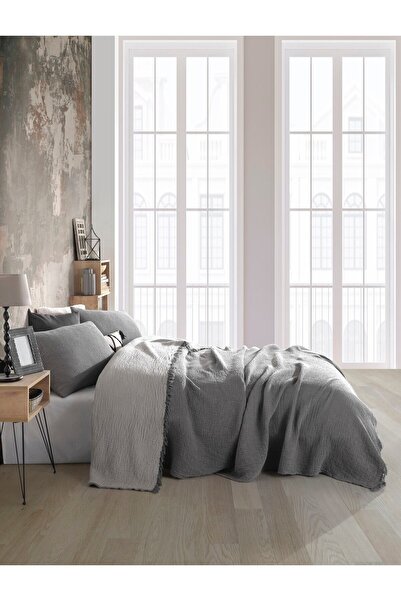 destinyhometex Antrasit Renkli 4 Katlı Muslin %100 Pamuk Tek Kişillik Yatak Örtüsü/Pike 160x240cm