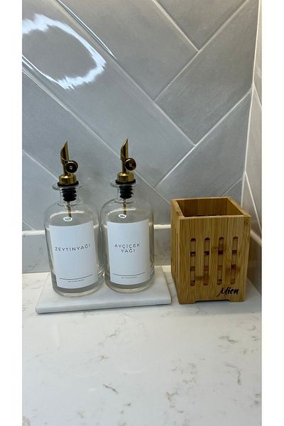 may home design 2-Piece Labeled Glass Oil Pot with Marble Stand/Bamboo Spoon Holder