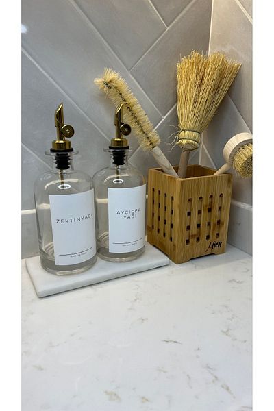 may home design 2-Piece Labeled Glass Oil Pot with Marble Stand/Bamboo Spoon Holder/3-Piece Decorative Brush