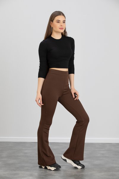 Dream Style Women's Brown Flare Leg Crepe Fabric High Waist Lycra Recovery Leggings Pants