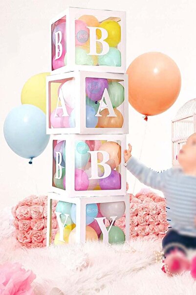 Doğumgünü Marketim Baby Yazılı Şeffaf Beyaz Kutu Balon Seti 33 Parça