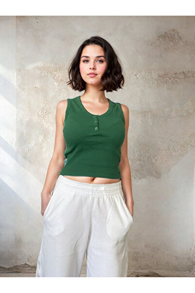 Kadın Yeşil Çıtçıtlı Crop Bluz