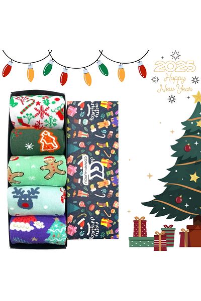 Çorap Kurdu New Year's Christmas Patterned - Set of 5 Boxed Socks